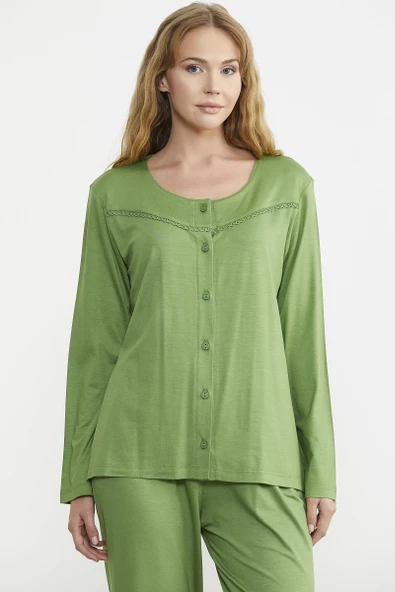Düğme Kapamalı Rahat Kalıp Pijama Takım - Yeşil - Resim 2