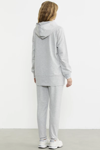 Kapüşonlu Etek Ucu Örme Detaylı Eşofman Takım - Gri - Resim 6
