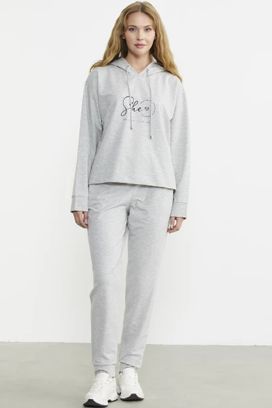 Baskı Detaylı Kapüşonlu Eşofman Takım - Gri - Resim 4