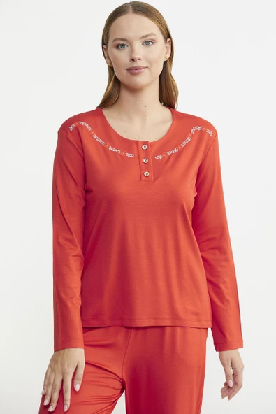 Sıfır Yaka Düğmeli Pijama Takım - Mercan - 5