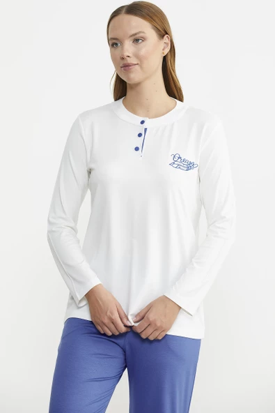 Patlı Düğmeli Desen Kombinli Pijama Takım - Mavi - 2