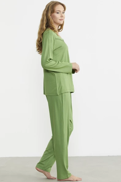 Düğme Kapamalı Rahat Kalıp Pijama Takım - Yeşil - Resim 5