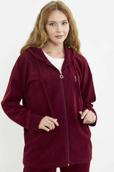 Kapüşonlu Polar Tunik Eşofman Takım - Bordo - Resim 5