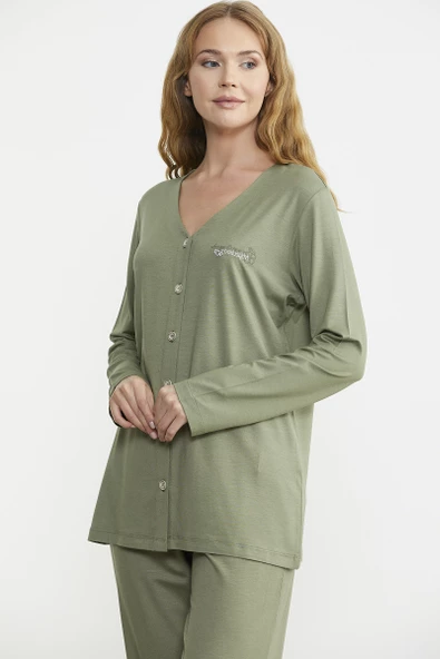 Önden Düğmeli Rahat Kalıp Pijama Takım - Yeşil - Resim 4