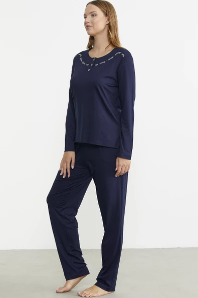 Sıfır Yaka Düğmeli Pijama Takım - Lacivert - Resim 5