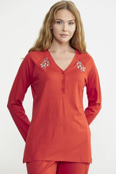 Nakış Detaylı  Düğmeli Pijama Takım - Mercan - 3