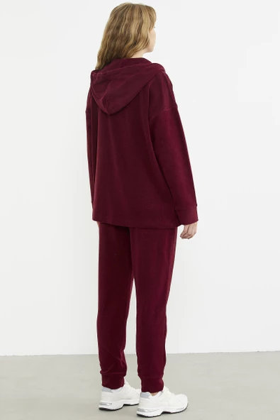 Kapüşonlu Polar Tunik Eşofman Takım - Bordo - Resim 6
