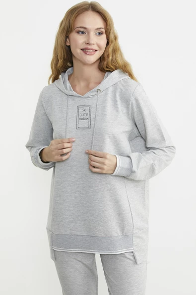 Kapüşonlu Etek Ucu Örme Detaylı Eşofman Takım - Gri - Resim 3