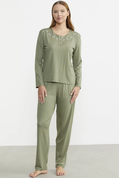 Sıfır Yaka Düğmeli Pijama Takım - Yeşil ürün görseli