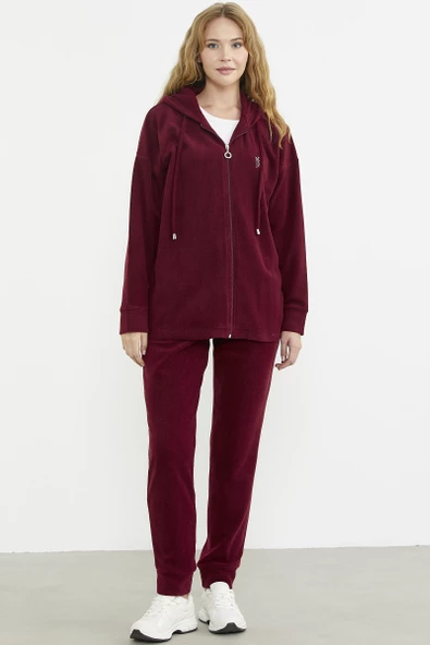 Kapüşonlu Polar Tunik Eşofman Takım - Bordo - Resim 2