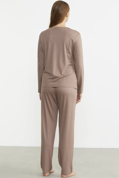 Sıfır Yaka Düğmeli Pijama Takım - Koyu Vizon - 6
