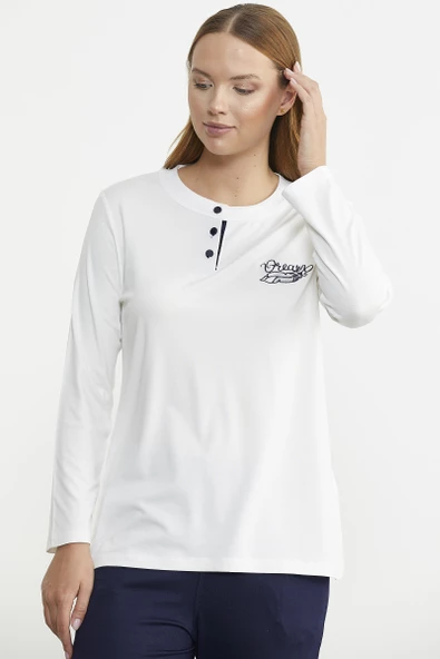 Patlı Düğmeli Desen Kombinli Pijama Takım - Lacivert - 4
