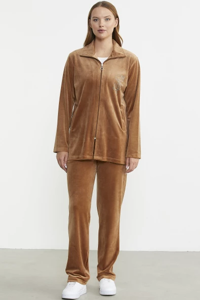 Fermuarlı Kadife Tunik Eşofman Takım - Vizon - Resim 2