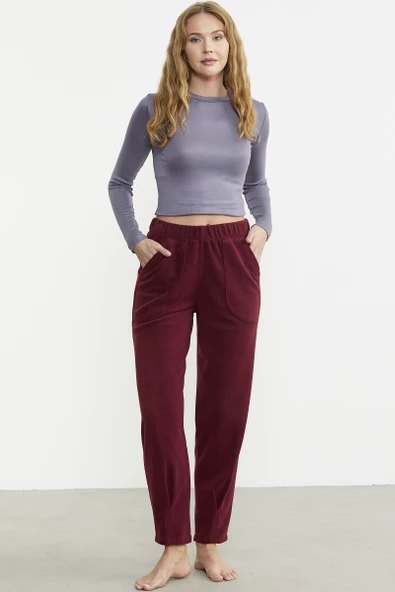 Paça Detaylı Polar Eşofman Altı - Bordo - 2