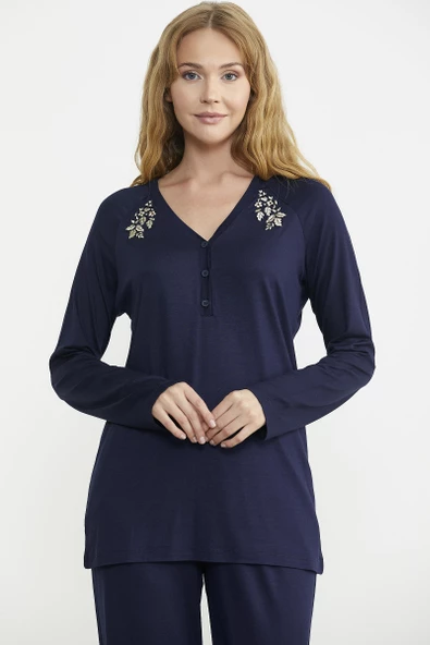 Nakış Detaylı  Düğmeli Pijama Takım - Lacivert - Resim 3