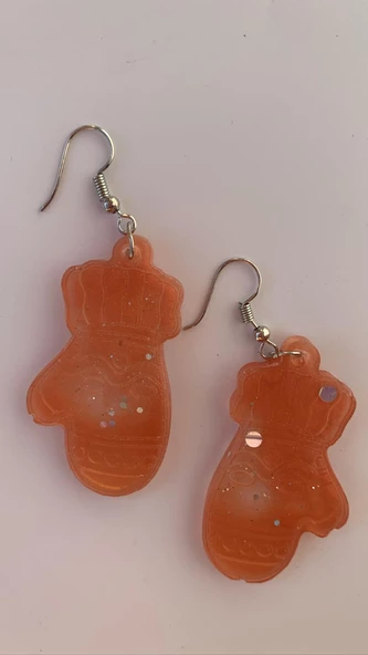Turuncu Renk Gümüş Simli Glitterli Eldiven Epoksi Küpe Handmade El Yapımı Hediyelik ürün görseli