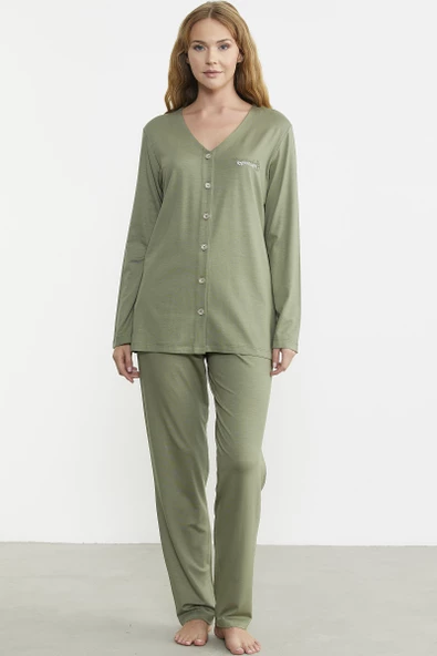 Önden Düğmeli Rahat Kalıp Pijama Takım - Yeşil ürün görseli 1