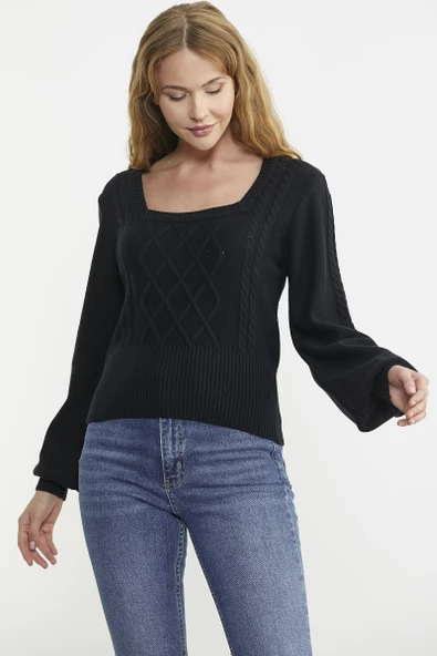 Kare Yaka Geniş Kol Triko Kazak - Siyah - Resim 4