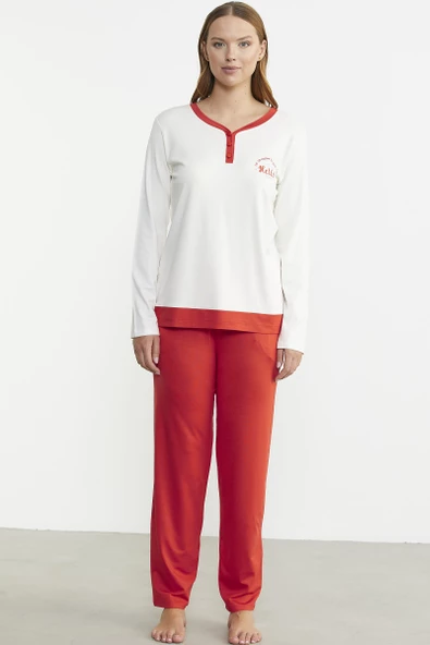Renk Geçişli Rahat Kalıp Pijama Takım - Mercan - 4