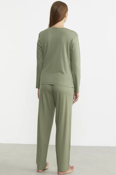 Sıfır Yaka Düğmeli Pijama Takım - Yeşil - Resim 6