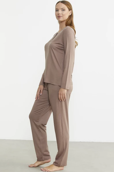 Sıfır Yaka Düğmeli Pijama Takım - Koyu Vizon - 4