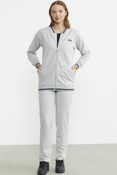 Fermuarlı  Örme Kombinli Eşofman Takım - Gri - Resim 3