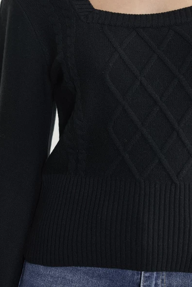 Kare Yaka Geniş Kol Triko Kazak - Siyah - Resim 5