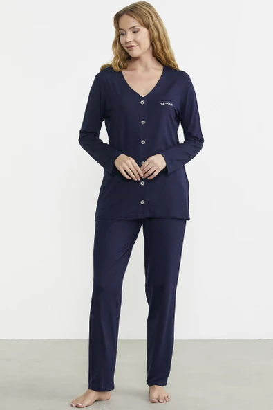 Önden Düğmeli Rahat Kalıp Pijama Takım - Lacivert - 5