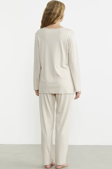 Önden Düğmeli Rahat Kalıp Pijama Takım - Bej - Resim 6