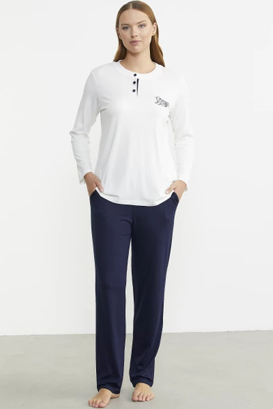 Patlı Düğmeli Desen Kombinli Pijama Takım - Lacivert - 2