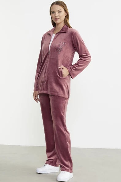 Fermuarlı Kadife Tunik Eşofman Takım - Gül - 4