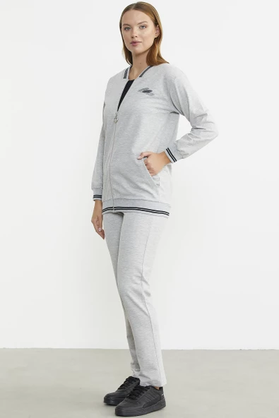 Fermuarlı  Örme Kombinli Eşofman Takım - Gri - Resim 4