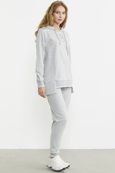 Kapüşonlu Etek Ucu Örme Detaylı Eşofman Takım - Gri - Resim 4