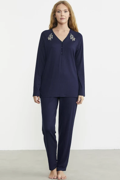 Nakış Detaylı  Düğmeli Pijama Takım - Lacivert ürün görseli