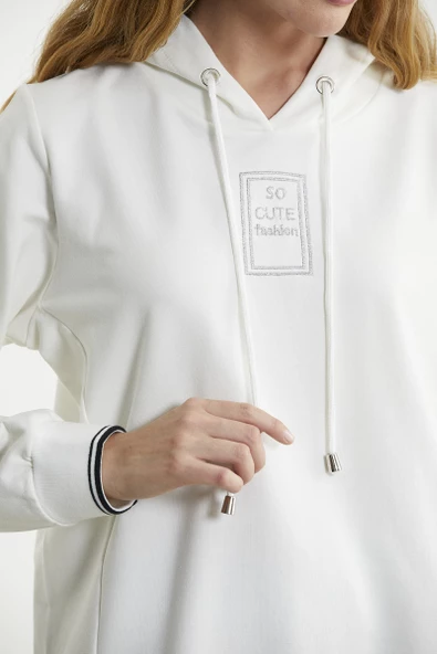 Kapüşonlu Etek Ucu Örme Detaylı Eşofman Takım - Ekru - Resim 5