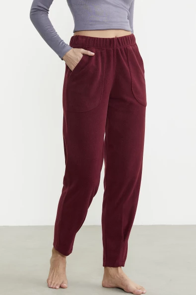 Paça Detaylı Polar Eşofman Altı - Bordo - 3