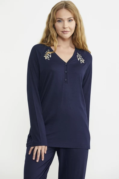 Nakış Detaylı  Düğmeli Pijama Takım - Lacivert - Resim 4
