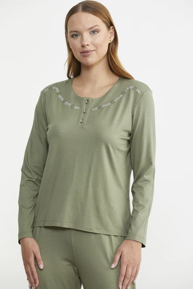 Sıfır Yaka Düğmeli Pijama Takım - Yeşil - Resim 2