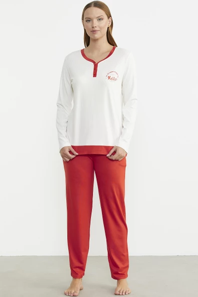Renk Geçişli Rahat Kalıp Pijama Takım - Mercan - 2