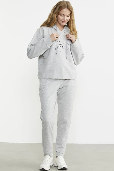 Baskı Detaylı Kapüşonlu Eşofman Takım - Gri - Resim 3