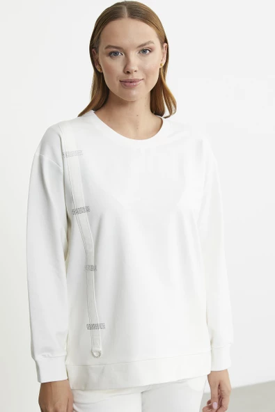 Taş Detaylı Sıfır Yaka  Eşofman Takım - Ekru - Resim 5