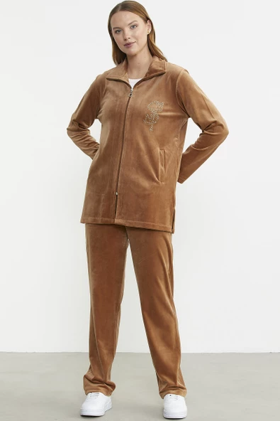 Fermuarlı Kadife Tunik Eşofman Takım - Vizon - Resim 5