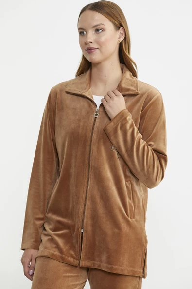 Fermuarlı Kadife Tunik Eşofman Takım - Vizon - Resim 3