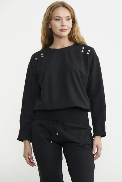 Omuz Düğme Detaylı Eşofman Takım - Siyah - Resim 3