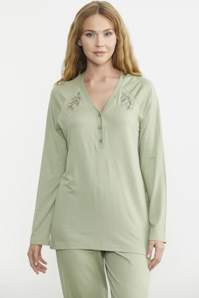 Nakış Detaylı  Düğmeli Pijama Takım - Yeşil - 2