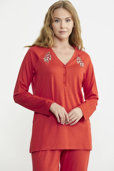 Nakış Detaylı  Düğmeli Pijama Takım - Mercan - 5