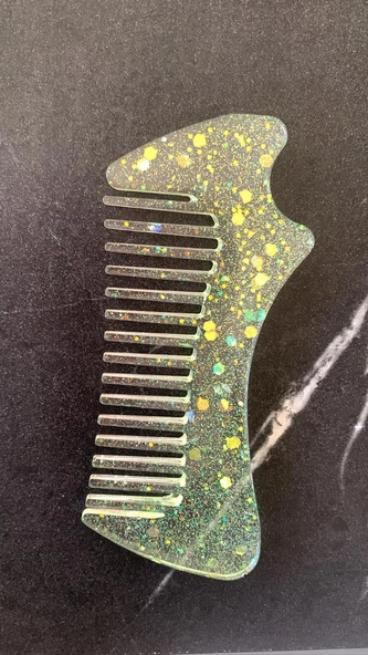 Transparan Sarı Gold Simli Glitterli Epoksi Tarak Dalgalı Şekil El Yapımı Hediyelik - 8