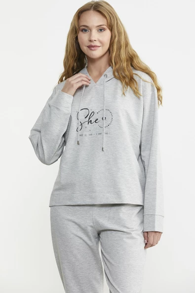 Baskı Detaylı Kapüşonlu Eşofman Takım - Gri - Resim 2