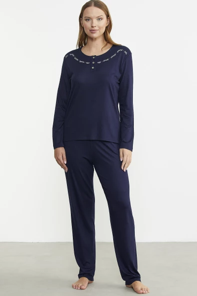 Sıfır Yaka Düğmeli Pijama Takım - Lacivert ürün görseli