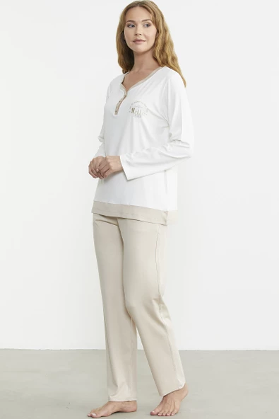 Renk Geçişli Rahat Kalıp Pijama Takım - Vizon - 4